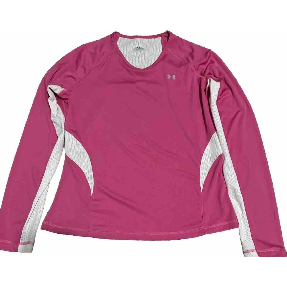 Under Armour Top Womens LG Pink White‎ V-Neck Long Sleeve Activewear T-Shirt